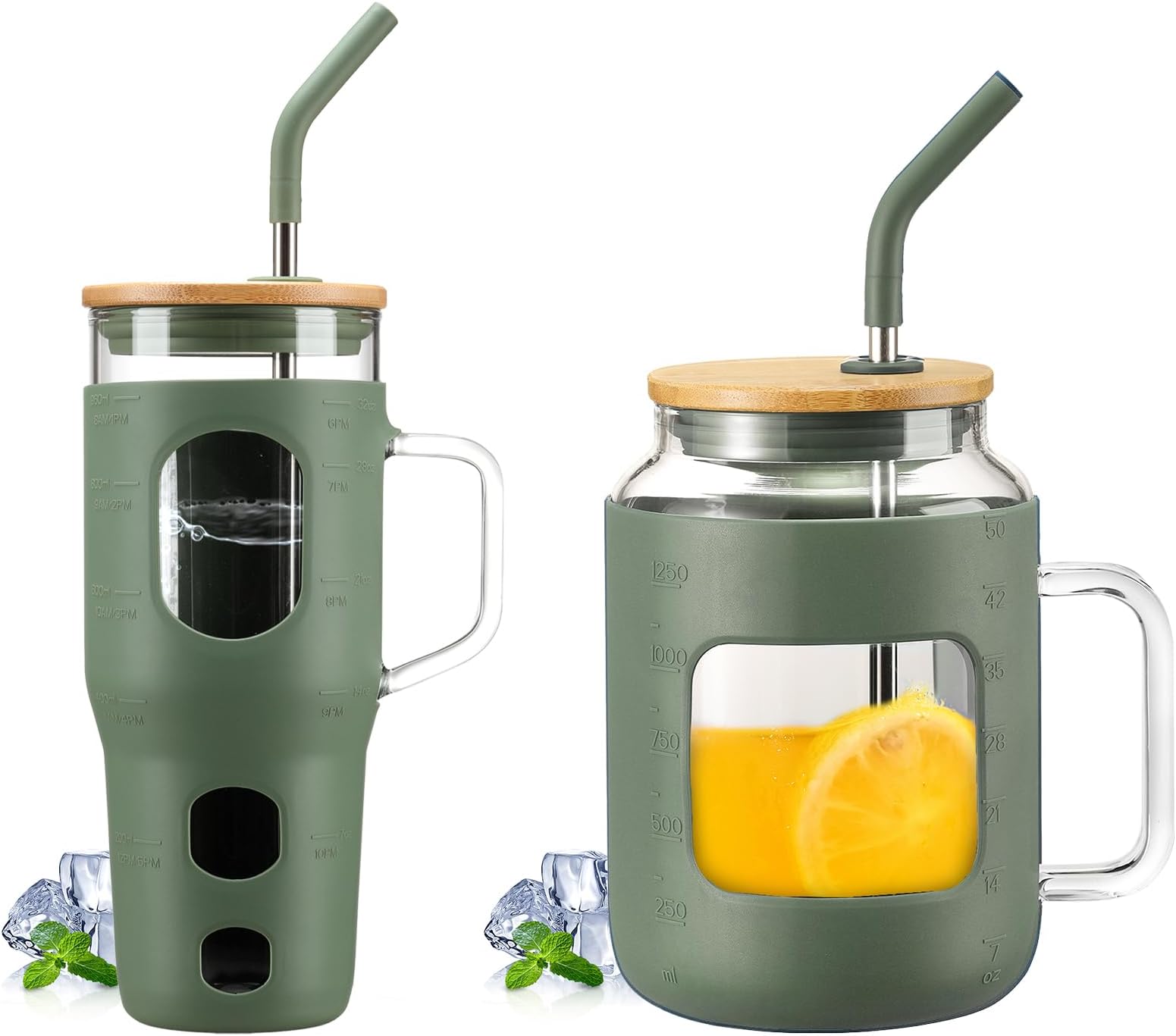 WINSA 32oz Glass Tumbler with Lid and Straw & 50oz Glass Water Bottles with Silicone Sleeve Bundle