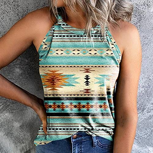 Women's Tank Tops Summer Sleeveless Halter Tops Western Aztec Print Tunic Shirts Green Xl #TOP1