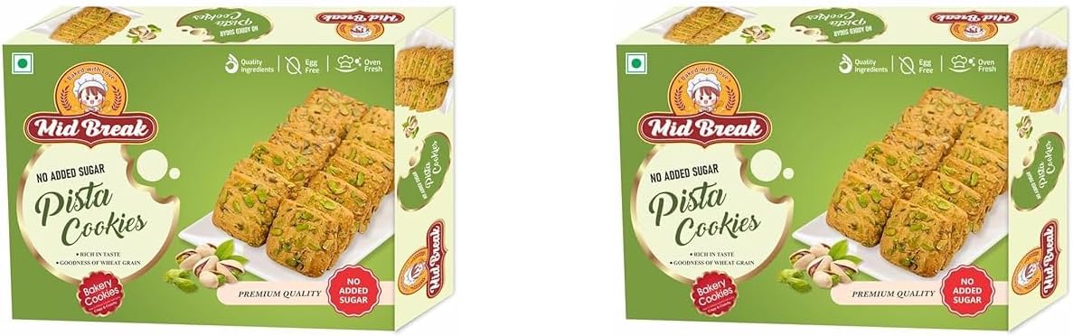 Midbreak No Added Sugar Pista Delight Biscuits 300g (Pack of 2) | Rich Pistachio Cookies | Low Glycemic, High Fiber | Wholesome Healthy Snacking