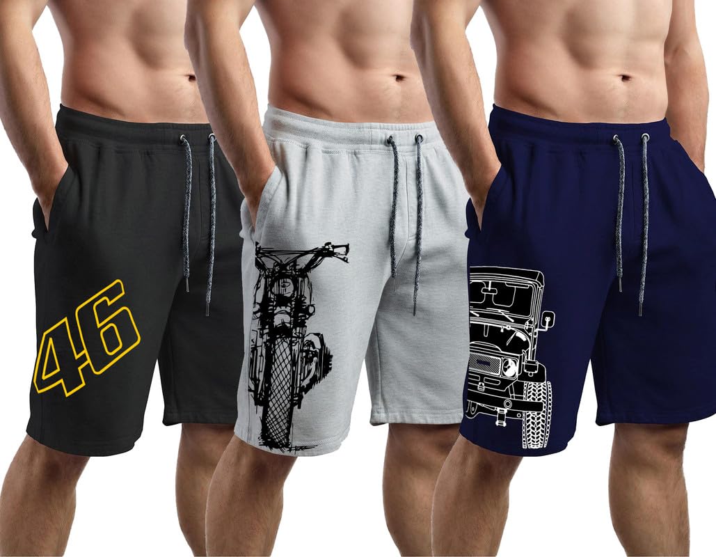 Men's Casual Cotton All Season Soft Feel Fabric Printed Regular Shorts,Workout Shorts, Elastic Waist Running Shorts with 2 Side Pockets - Pack of 3-image-23