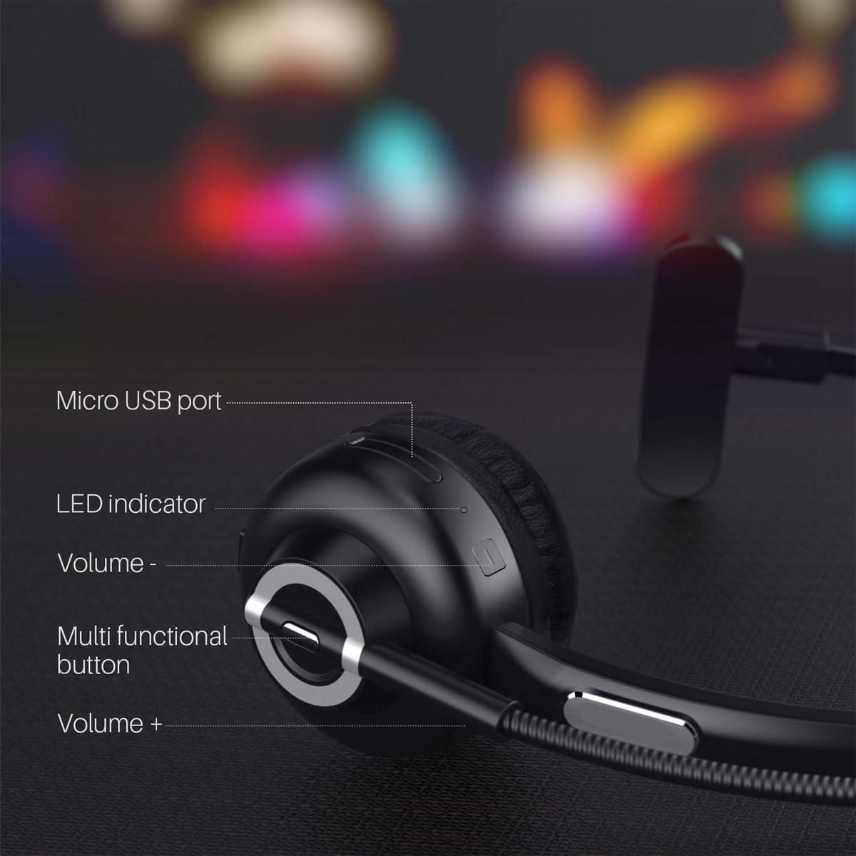 Casque Bluetooth Mono avec Microphone - sans Fil, Station de Charge Dock, Mains Libres, Réduction de Bruit, Rotation 300°