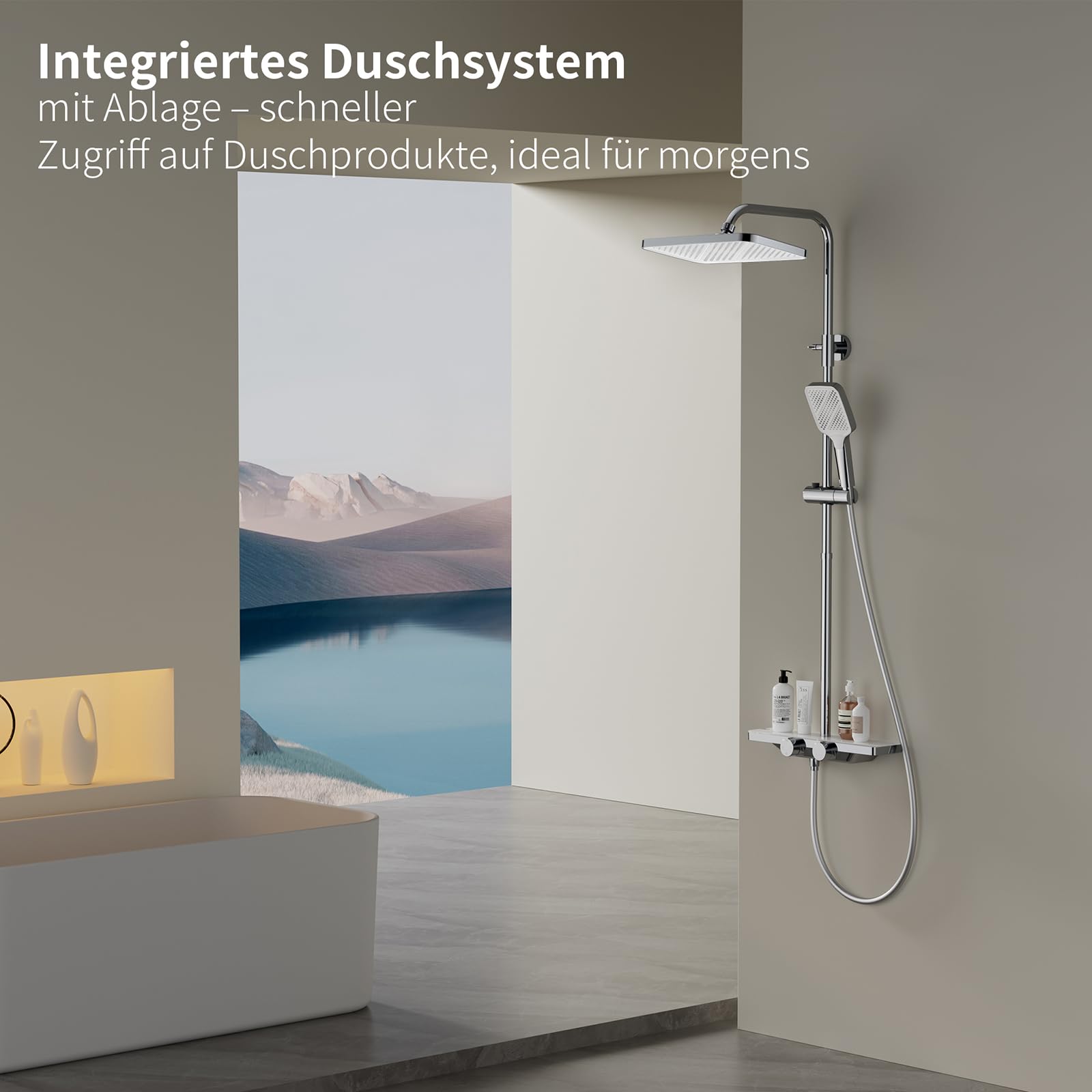 HOMELODY Duschsystem mit Thermostat und Glasablage Chrom - Duscharmatur Komplettset mit 30cm, Handbrause 3 Strahlarten und Unterer Auslauf - Duschset Regendusche mit Armatur