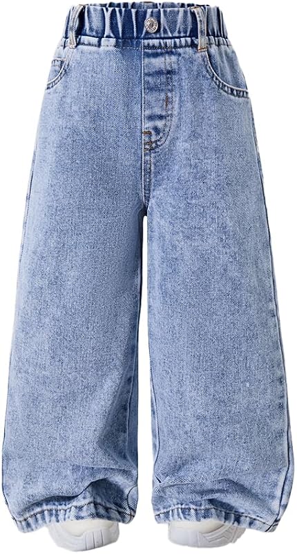 Nivne Tco Pantalones jeans para niñas pequeñas, versátiles, de moda, pierna ancha, casual, cintura elástica, pantalones de mezclilla holgados para niñas