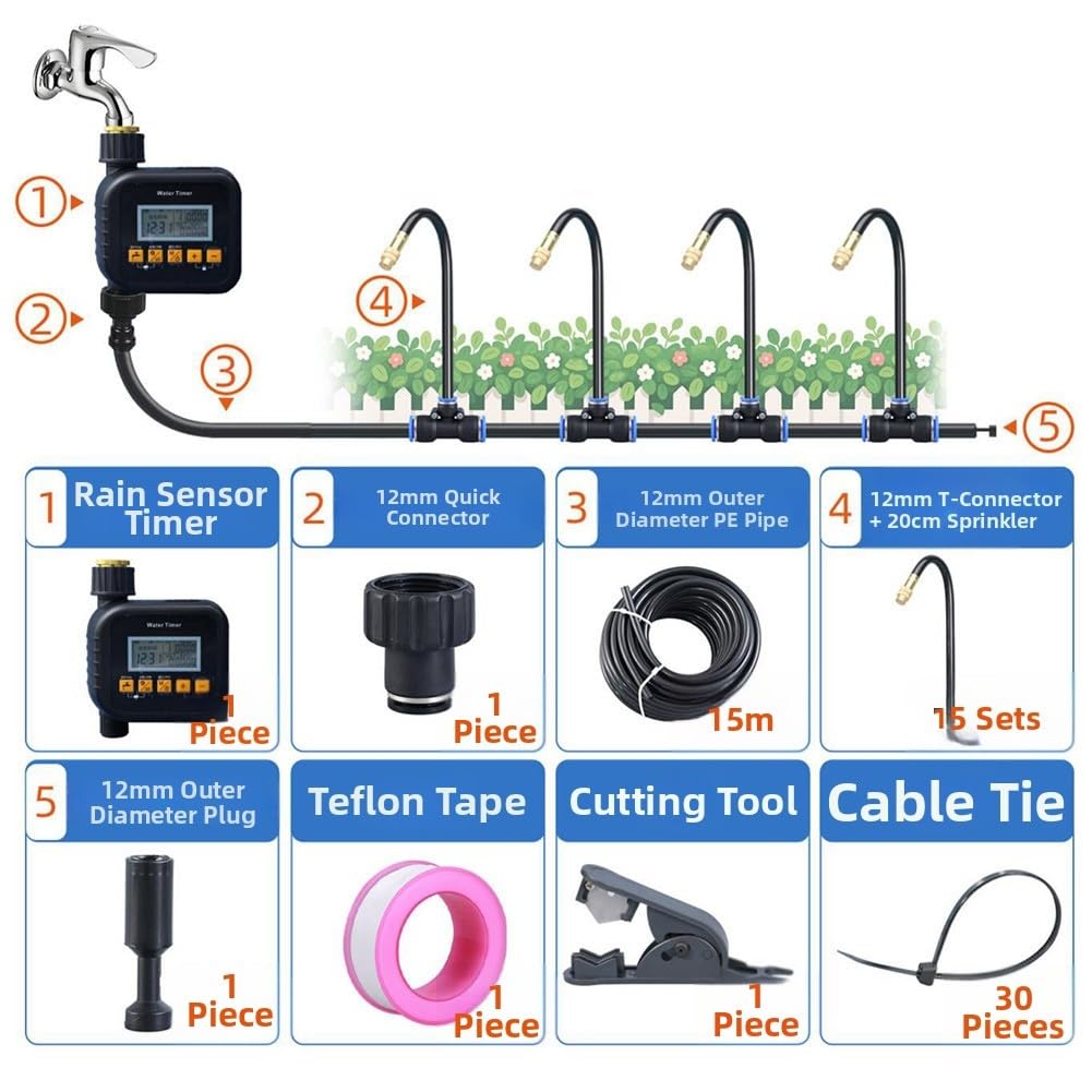 Kit di irrigazione automatica a 360 ugelli integrati con timer, sistema di irrigazione a spruzzo regolabile per giardino, prato, aiuole