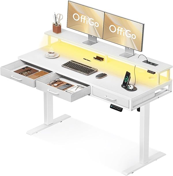 OffiGo Elektrischer Schreibtisch mit Schubladen, 140cm Höhenverstellbarer Schreibtisch mit Monitorständer, Stehpult mit Steckdosen und Lichtleiste, Tisch Höhenverstellbar Bürotisch, Weiß