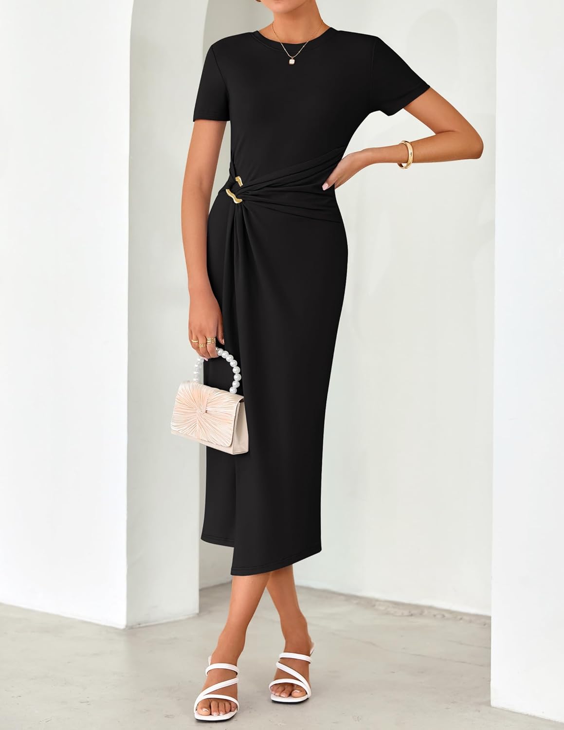 ZESICA Women's 2026 Summer Short Sleeve Bodycon Midi Dress Crewneck Ruched Split Wedding Guest Cocktail Wrap Dresses - Image 4