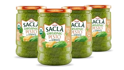 SACLA Organic Basil Pesto alla Genovese 4-Pack | USDA-Certified Organic Pesto Sauce made from Fresh Italian Basil & Cashews | FOUR 6.7 oz Glass Jars | Non-GMO, Plant-Based | Imported from Italy