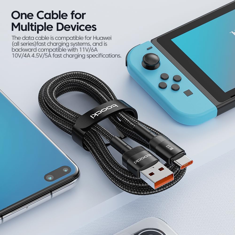 Cabo Toocki Mont USB A para C com Carregamento Rápido - 100W 6A - Compatível com Android, IPhone 15 e MacBook (Preto, 3 Metros)