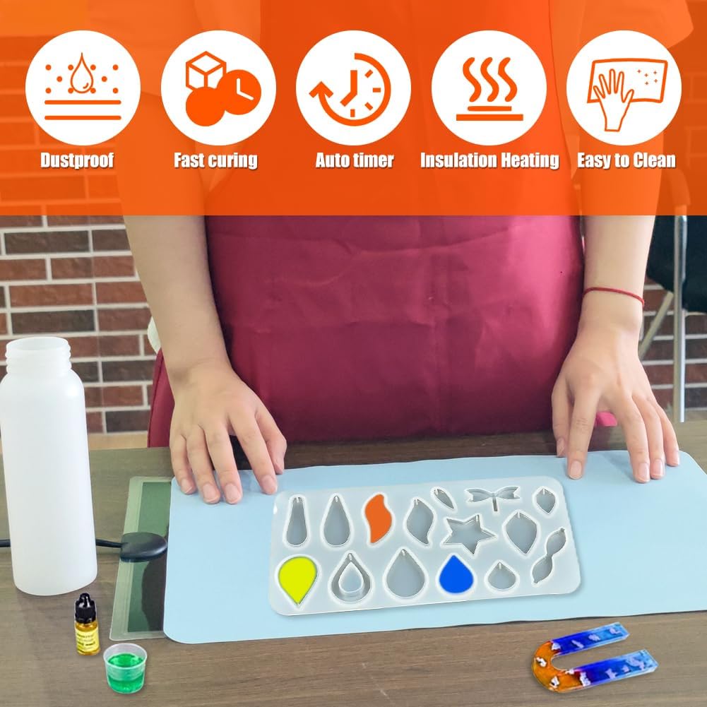 Resin Heating Pad Kit with Timer and Lid, Resin Curing Mat, Heat Pad for Silicone Mold, Epoxy Resin Dryer Mat Suitable for Keychain, Jewelry, DIY Lovers