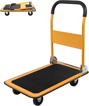 LEADALLWAY Foldable Push Cart Platform Truck 330lbs Capacity with 2 Ropes | 4 Wheels, 28.7"x18.5"x32.3", Small Flatbed Cart, Yellow, Protable