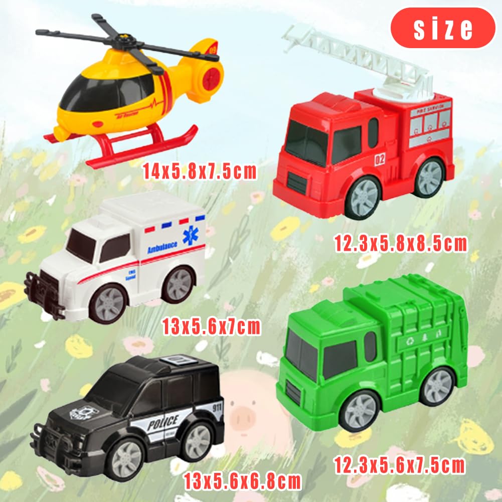 Set di 5 Giocattoli auto Della Polizia, Ambulanza, Camion della Spazzatura, Camion dei Pompieri, Elicottero, Macchinina per Bambini, Veicolo da Città