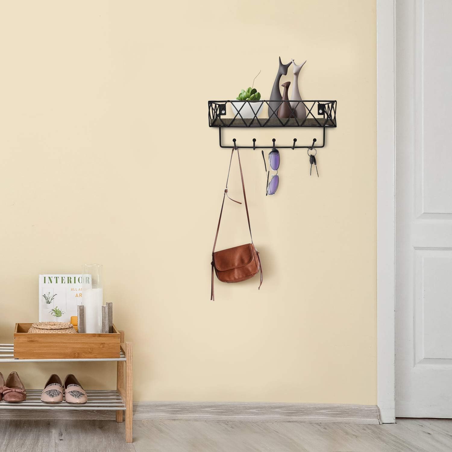 Wall Mounted Entryway Shelf with Key Hooks, Key Hooks with Shelf for Key Hanger, Key Holder with Shelf for Wall, Dog Leash Holder for Wall, Entryway Key Hanger (11")