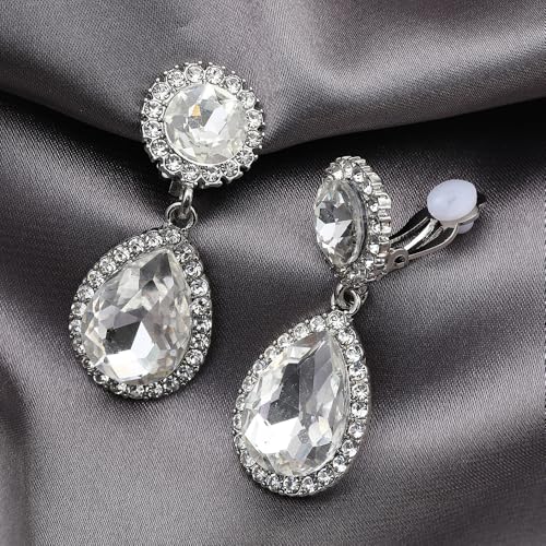 Elegant Crystal Teardrop Dangle Drop Clip on Earrings for Women (White) — view 4