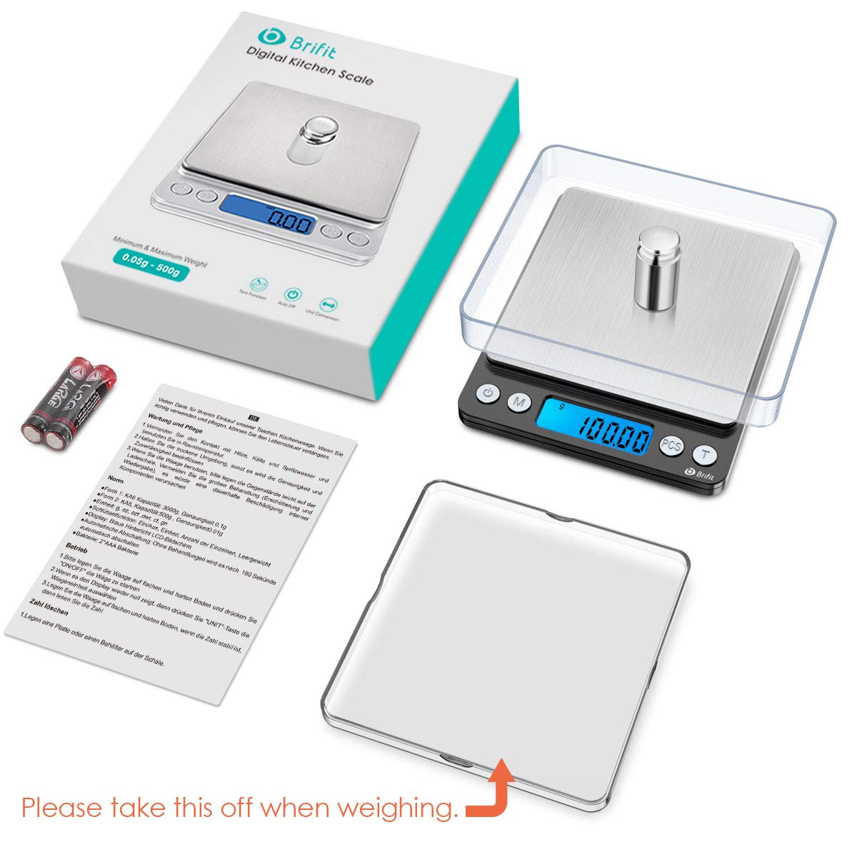 Brifit Bilancia di precisione, 500 g/0,01 g, bilancia da cucina, con funzione tara e conto, schermo LCD retroilluminato, 100 g di peso di calibrazione (acciaio inossidabile, nero)