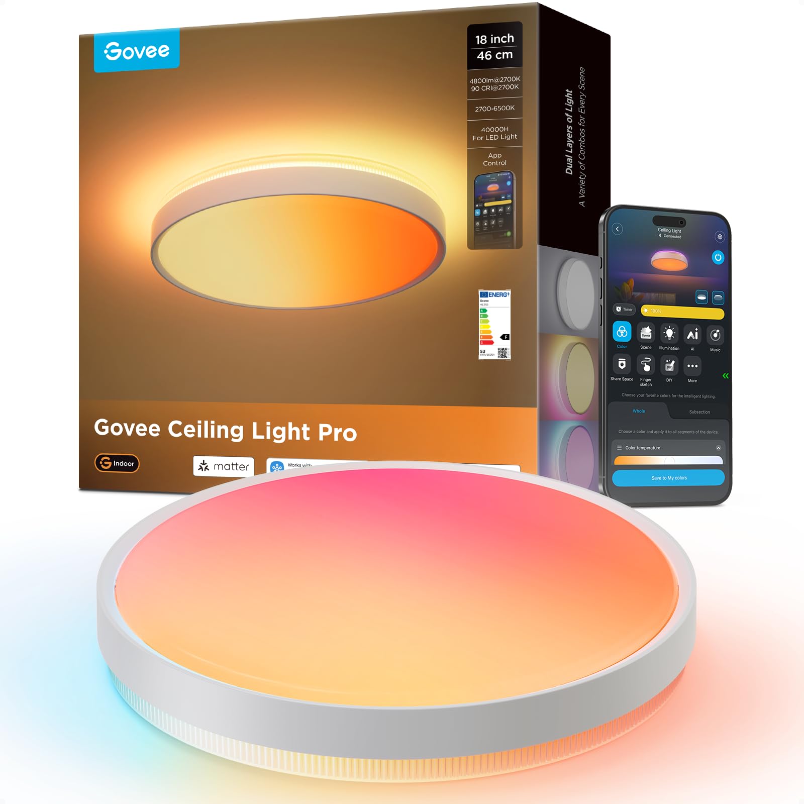 Govee RGBICWW Deckenlampe Pro55W, 4800lm LED Deckenleuchte Dimmbar,Ø45,5cm | 2700K–6500K für 20–30m², 74+ Szenen, Kompatibel mit Matter/Alexa/Google, Einfache Installation, Wohnzimmer Schlafzimmer