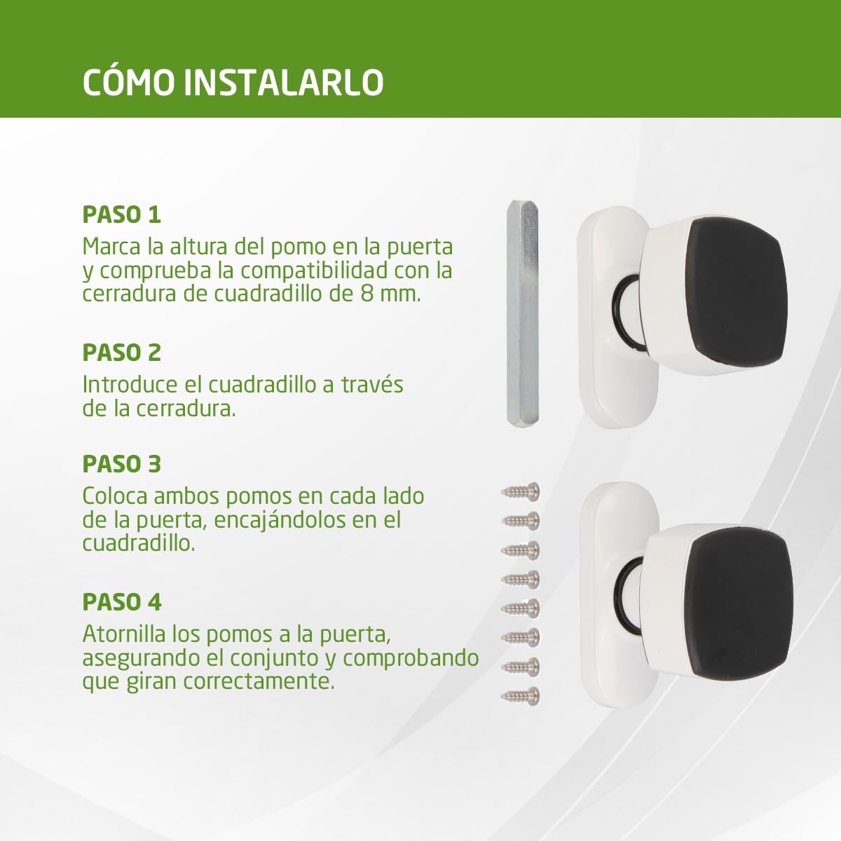 Amig - Juego de Pomos Cuadrados con Placa Estrecha Mod. 6807-81 x 31 mm - Para Puertas de Interior - Ideal en Dormitorios, Baños y Despachos - Aluminio Blanco