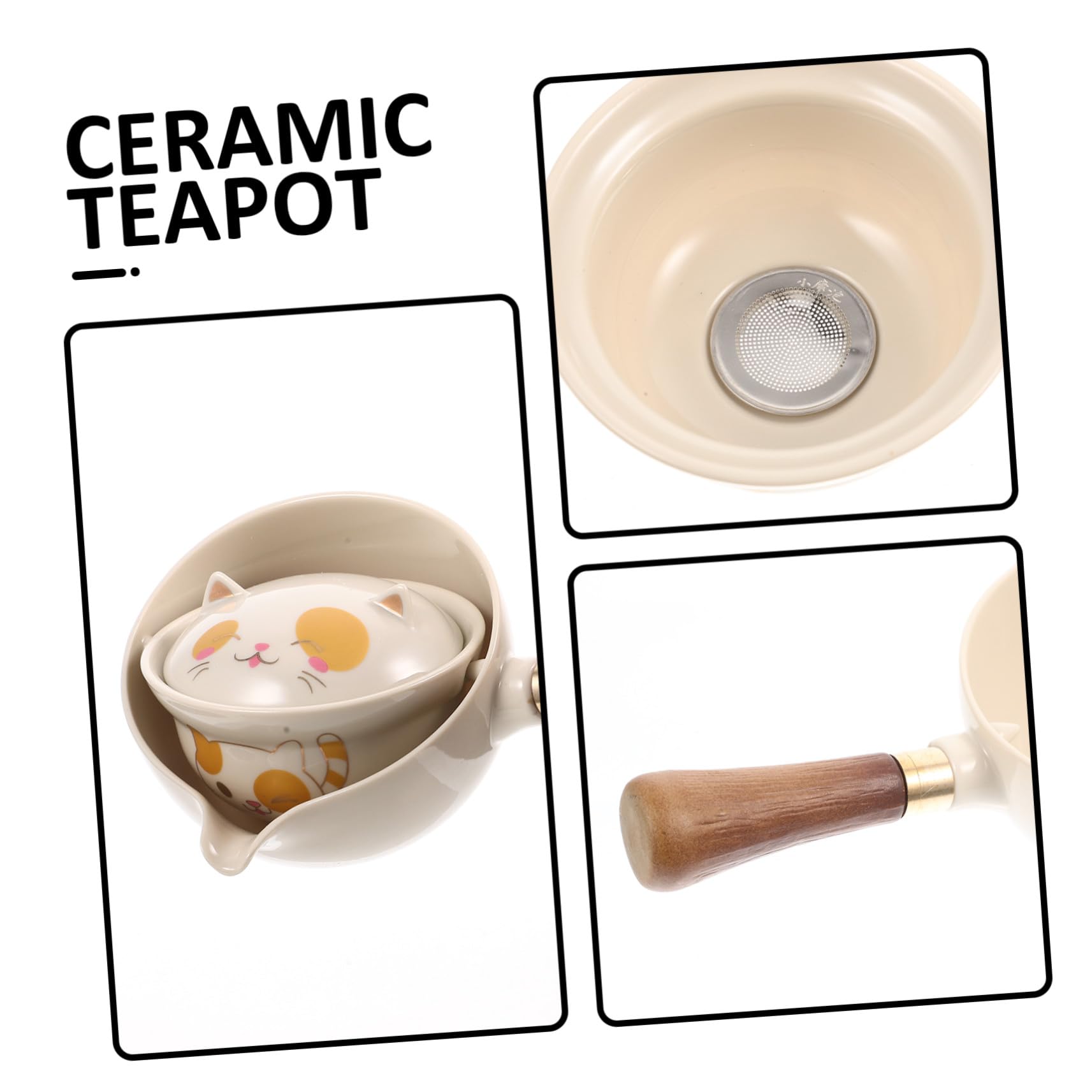 Teiera Tradizionale Cinese in Ceramica Resistente al Calore con Manico Laterale e Filtro Integrato Rotante per Infusione Kung Fu Design Elegante con Motivo Gatto della Fortuna