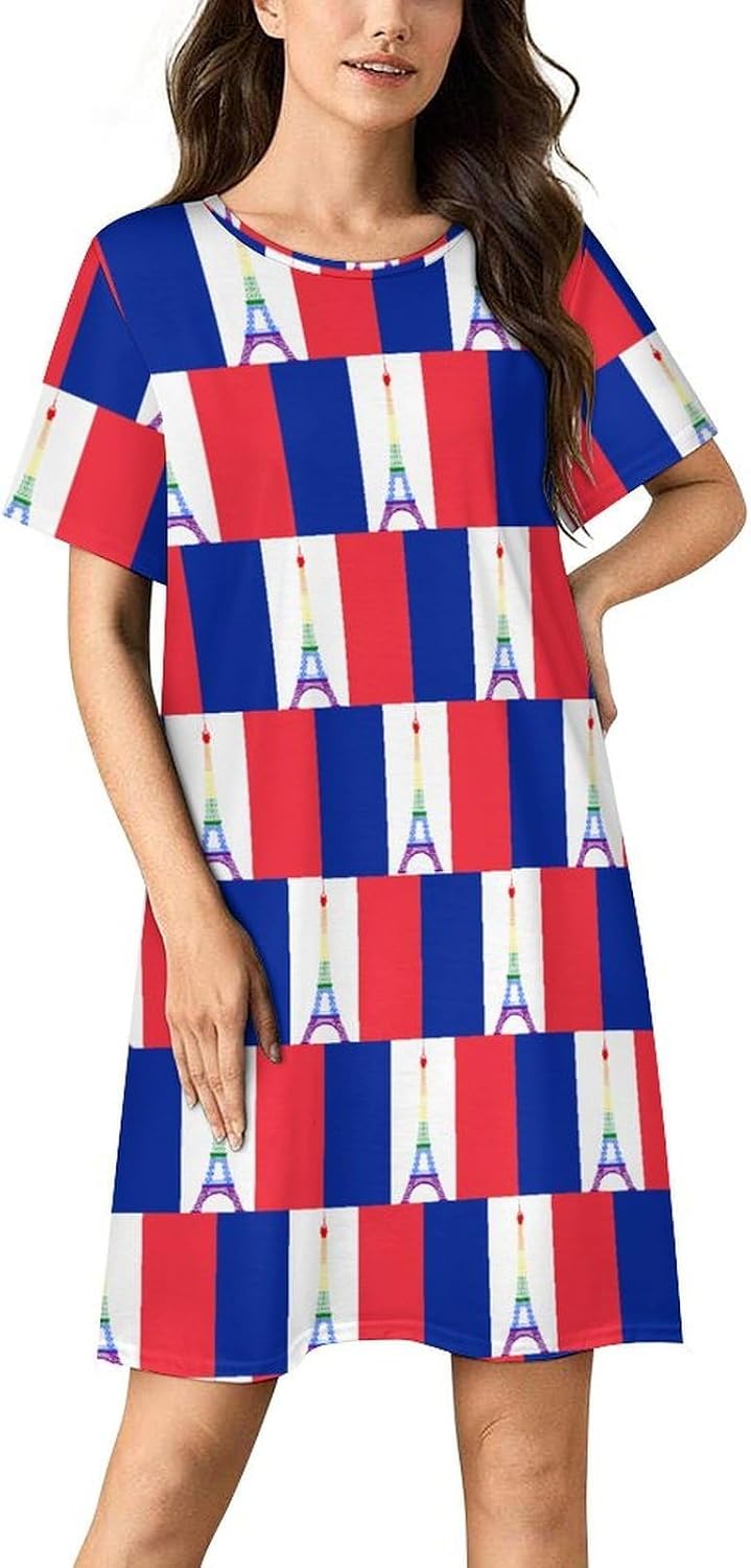 France Gay Flag Nightgowns for Women Short Sleeve Sleep Dress Casual Sleepshirt Night Gowns Pajamas