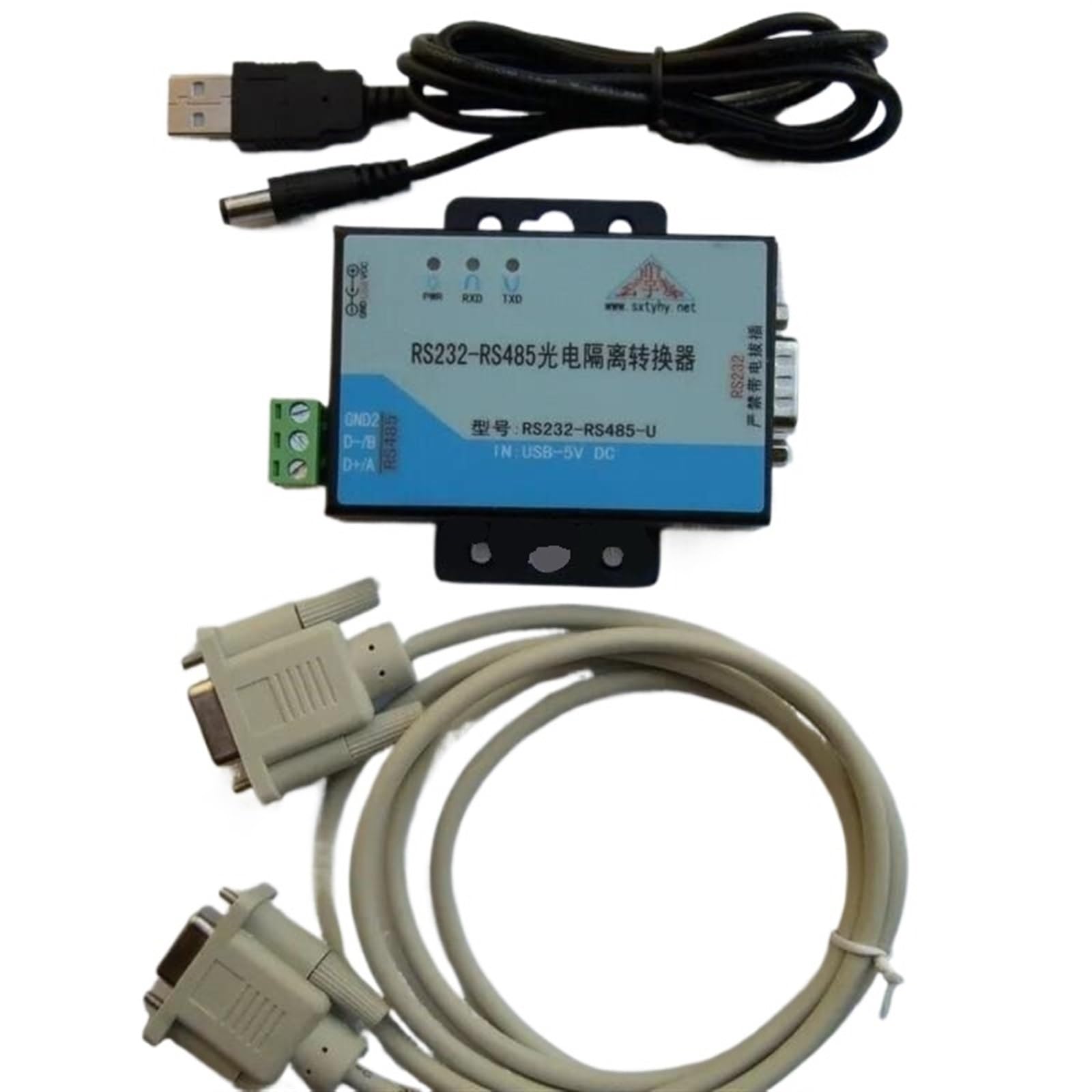 Convertidor de datos de interfaz RS232 a RS485, aislamiento óptico, fuente de alimentación USB DC5V, con cable de alimentación USB y cable RS232