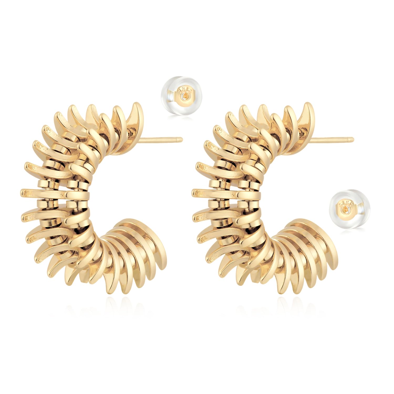 MYEARSMYEARS Women Hoop Earrings Gold Chubby Multiple Link Stud Bead Station Open C Shape Sterling Silver Post Push Back 14K Gold Filled Small Simple Handmade Hypoallergenic Everyday Illusion Jewelry