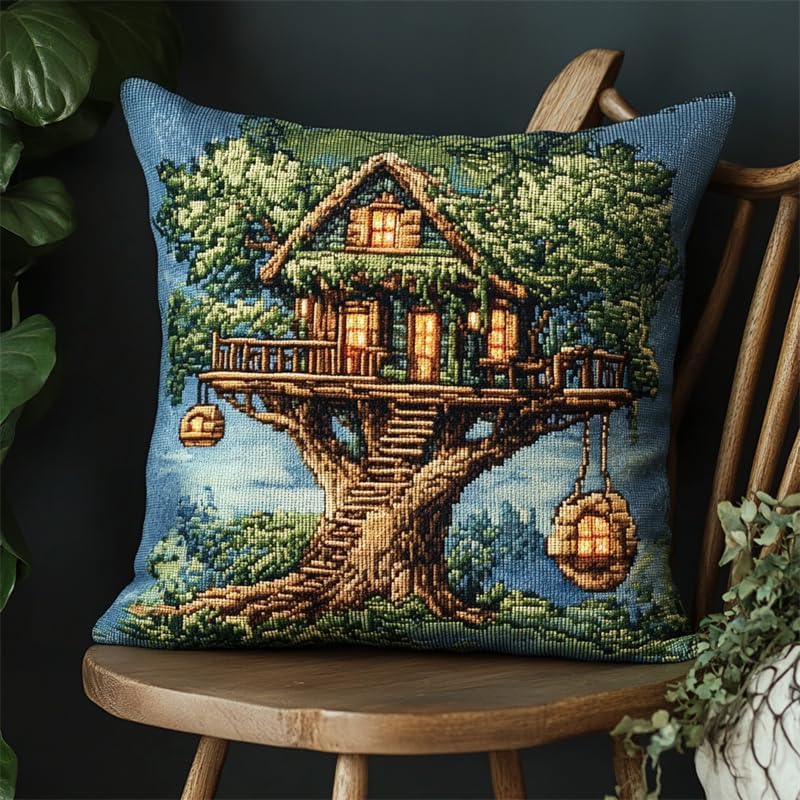 Walluminati Embroidery Pillowcase Kits, Tree House 11CT Cross Stitch Cushion Cover Embroidered Pillowcases to Embroidery Pillow Kit Stitch Needle Point Kits for Adults Beginner 18x18inch
