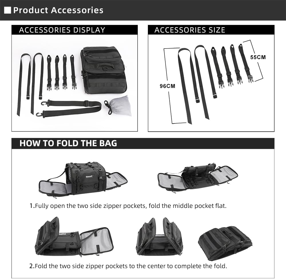 Rhinowalk Motorcycle Saddle Bag Motorbike Tail Bag Waterproof Expandable Pannier Bag Powersports Travel Luggage 33-45L (Black) - Image 8