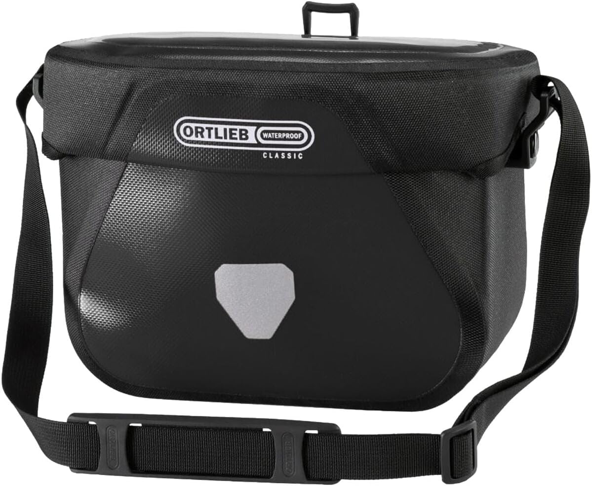 Davant view of Ortlieb Ultimate Six Classic Handlebar Bag with shoulder strap