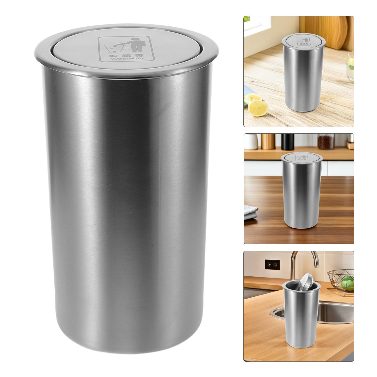 Cubo de Basura Empotrable de Acero Inoxidable Tapa Abatible Higiénica para Encimera, Diseño Moderno y Fácil Mantenimiento en Restaurante y Cocina