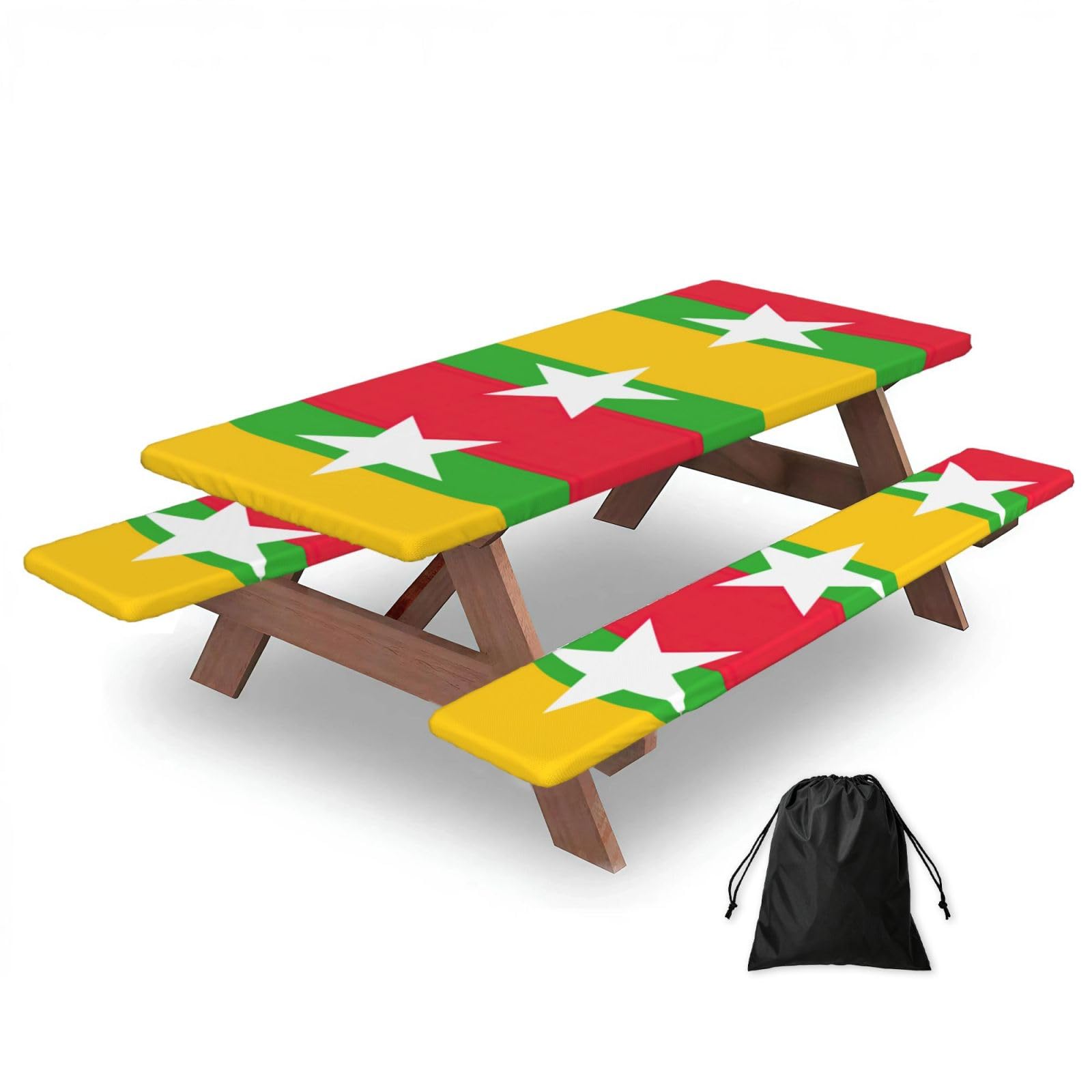Zyjhyy Black Flag Of Myanmar Print Party Table Covers With Bench Covers Set Of 3 Picnic Table Cloth Wipe Clean For Garden Camping