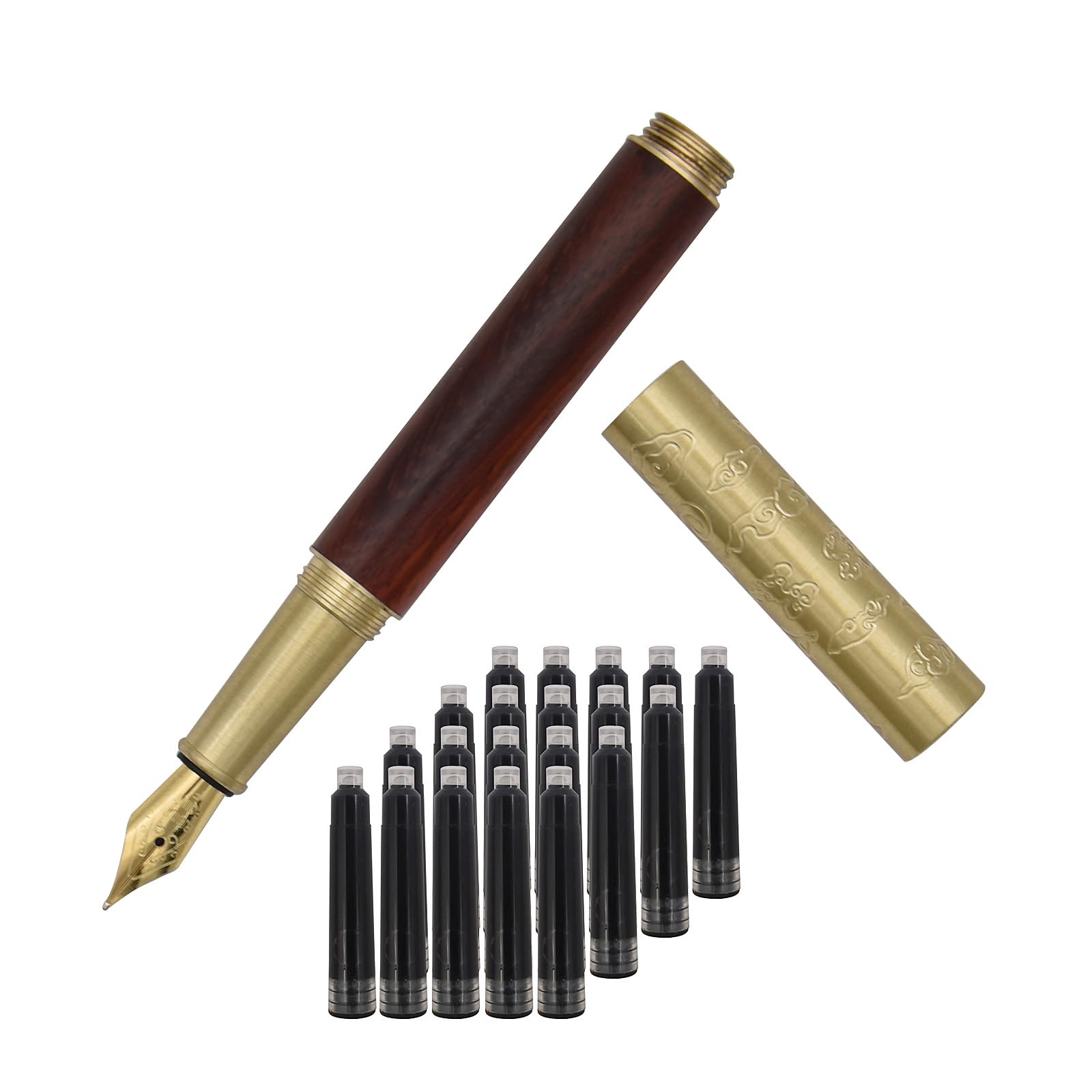 SIPLIV Handcrafted Auspicious Clouds Patterned Brass Wooden Fountain Pen Short Paragraph (101mm) Pocket Mini Travel Pen with 20 Pcs Black Ink Cartridges