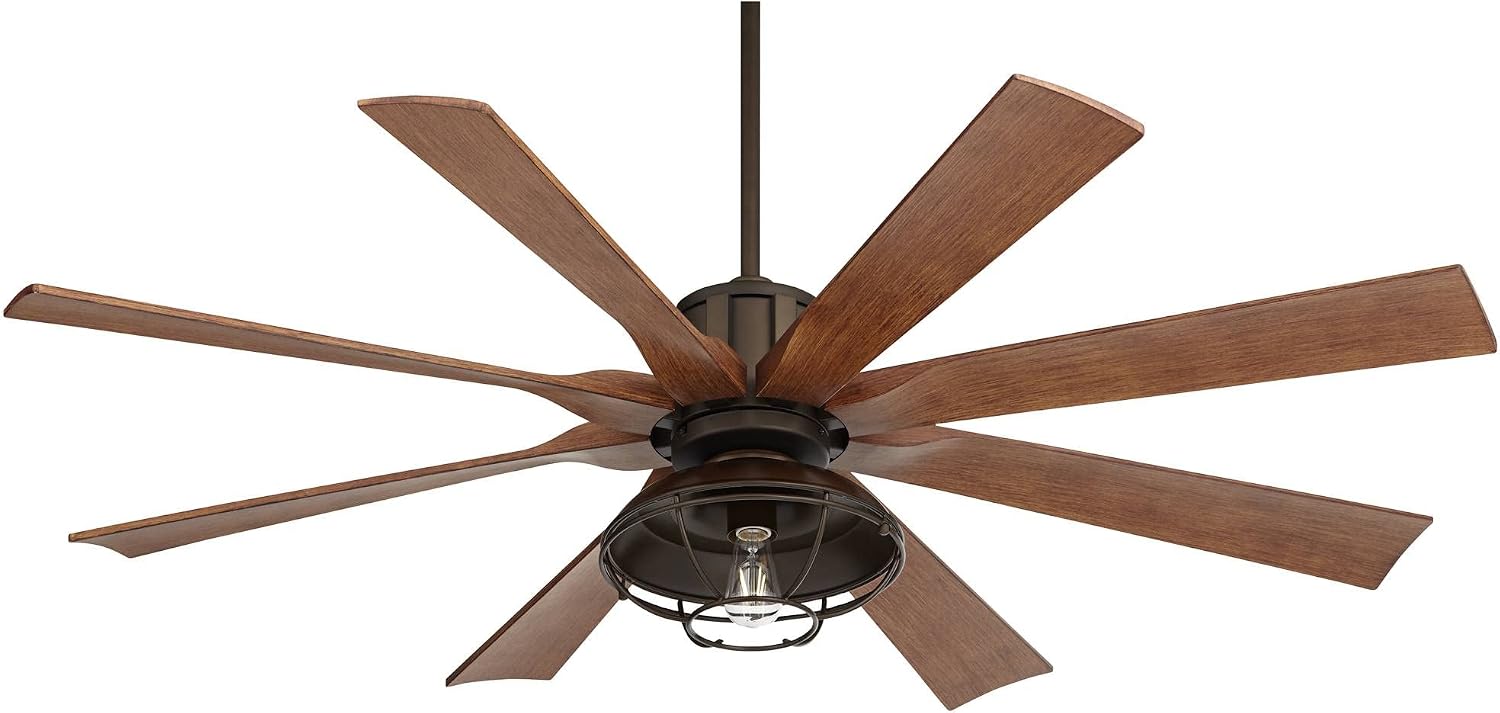 Possini Euro Design 60" Defender Industrial Rustic Farmhouse Indoor Outdoor Ceiling Fan with Dimmable LED Light Remote Control Oil Rubbed Bronze Cage Koa Damp Rated for Patio Exterior Porch Gazebo