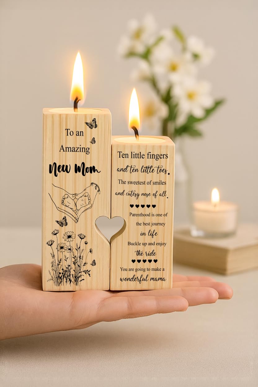New Mom Gifts – Wooden Candle Holder with Poem – Gift for New Mom After Birth, Postpartum Gifts, Pregnancy Gifts for Expecting Mom, Push Presents, First Time Mom Gift