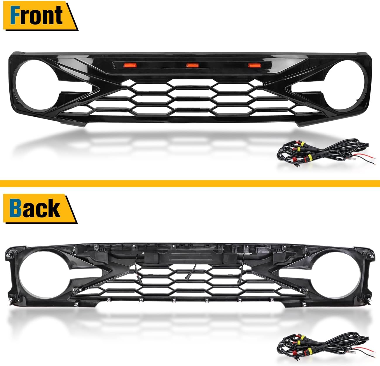 Glossy Black Front Grille Grill Kits With Amber LED Grill Lights Compatible With For Ford Bronco 2021 2022 2023 2024 2025 2 Door 4 Door Front Bumper Grille Accessories