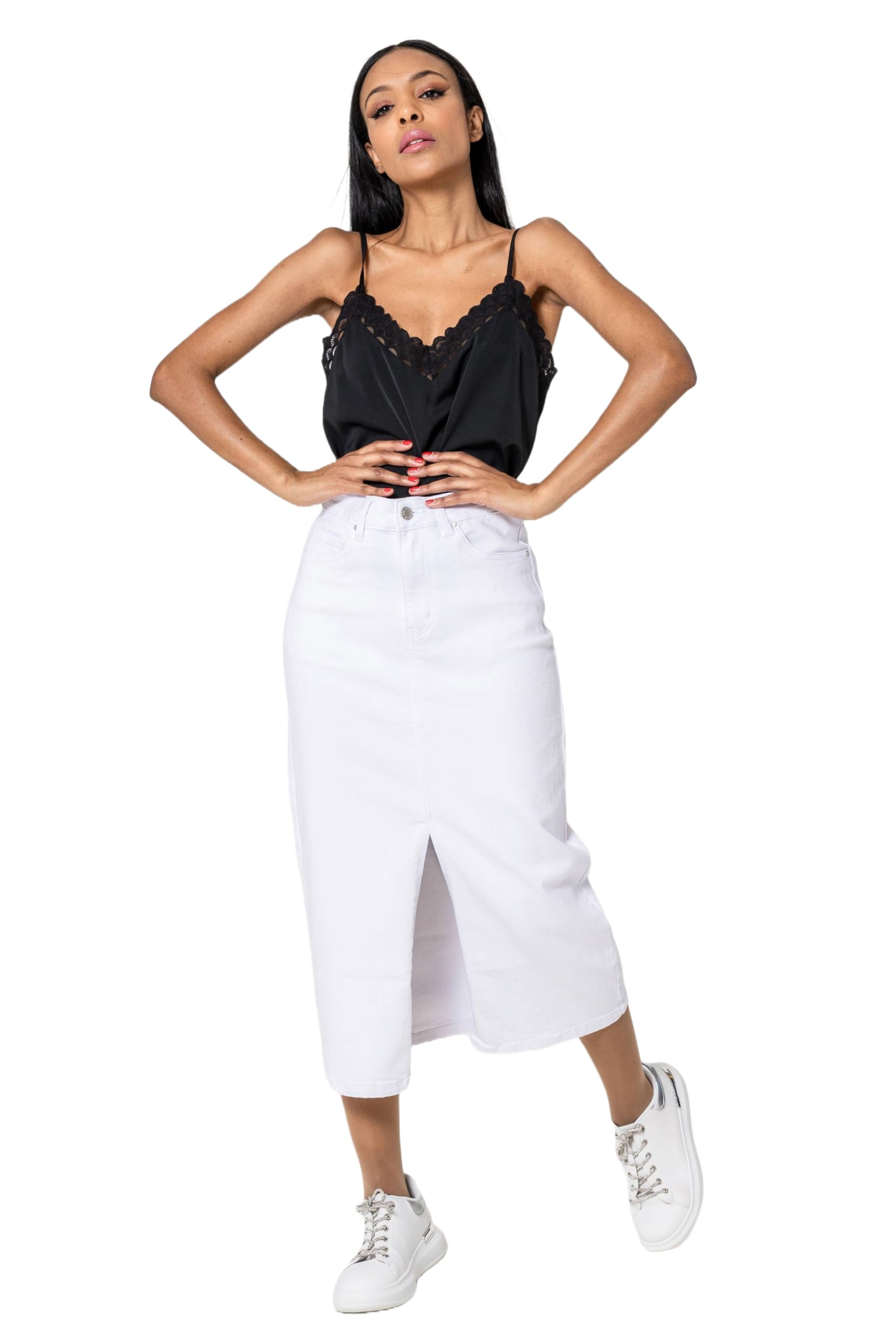 Nina Carter P215 Falda vaquera para mujer, cintura alta, hasta la pantorrilla, con abertura frontal, falda larga, con cremallera, elástica, aspecto desgastado