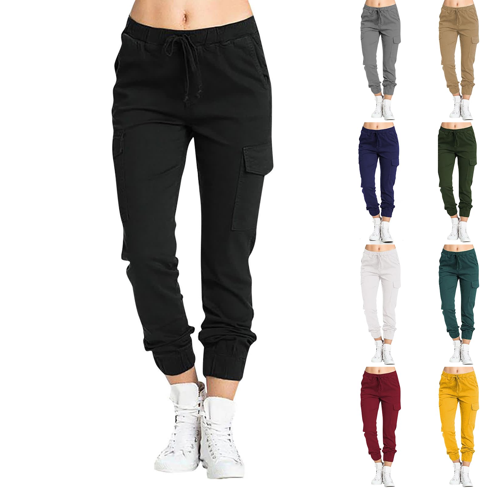 Cargo Joggers for Women Drawstring Tapered Cinch Bottom Lightweight Hiking Pants High Waisted Stretchy Baggy Cargo Pants with Pockets Casual Slim Fit Harem Pants Workout Jogger Sweatpants