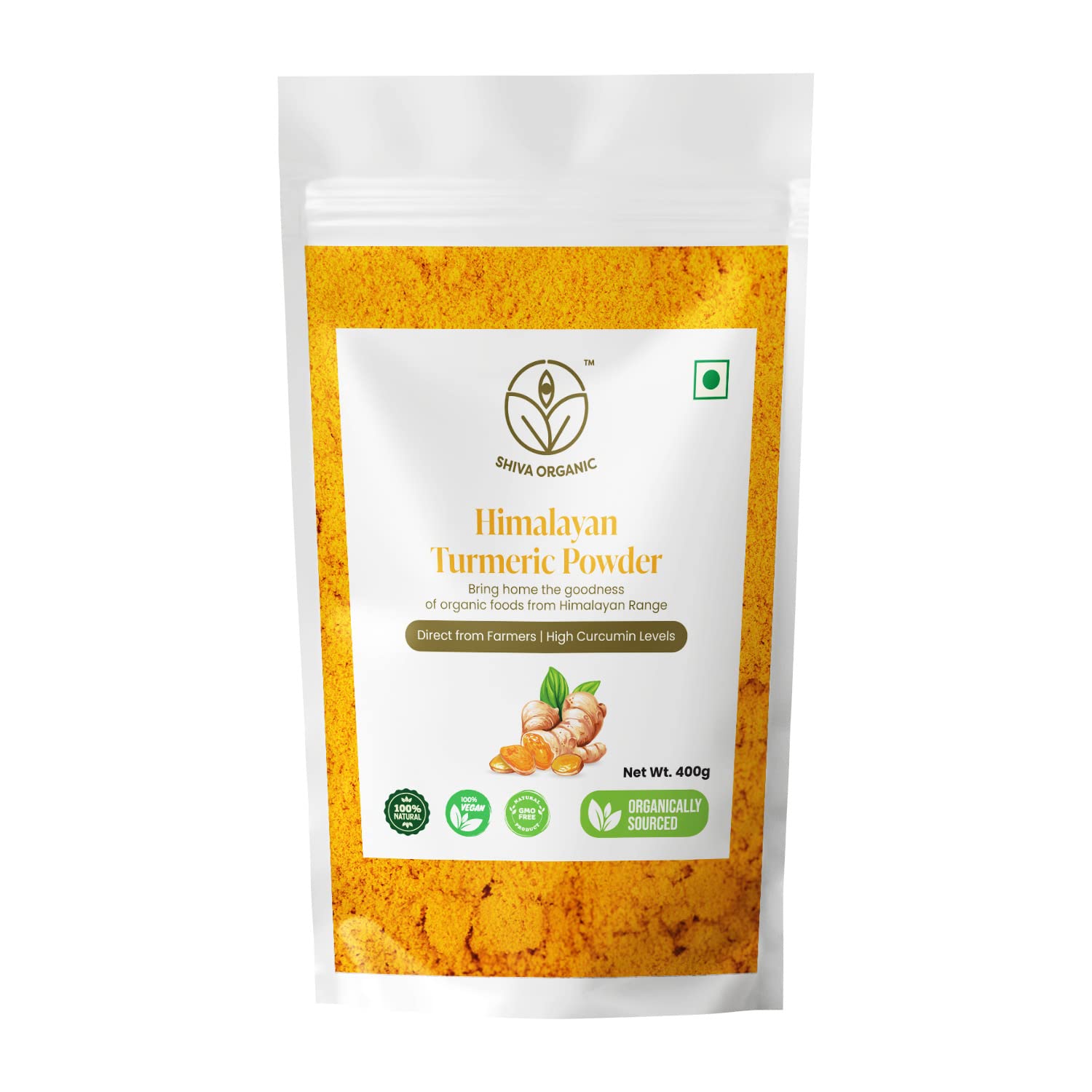 Shiva Organic Himalayan Turmeric Powder/Haldi 400 grams - High Curcumin level - Preservative/Chemical Free