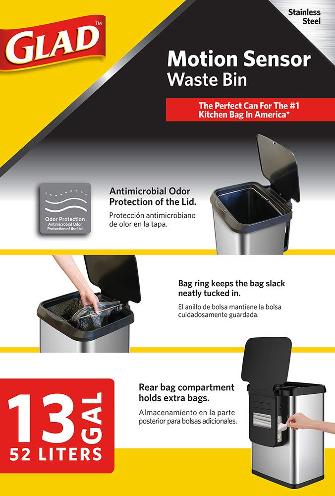 Glad Stainless Steel Trash Can with Clorox Odor Protection Touchless Metal Kitchen Garbage Bin