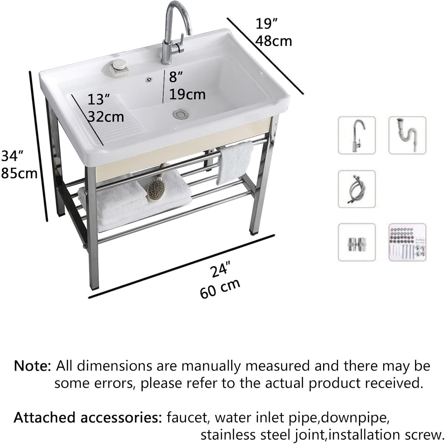 Ceramic Utility Sink with Washboard Set, Freestanding Laundry Utility Sink, Bathroom Washbasin with Bracket and Drain Kit for Laundry Room Utility Room Garage Basement Outdoor and Indoor
