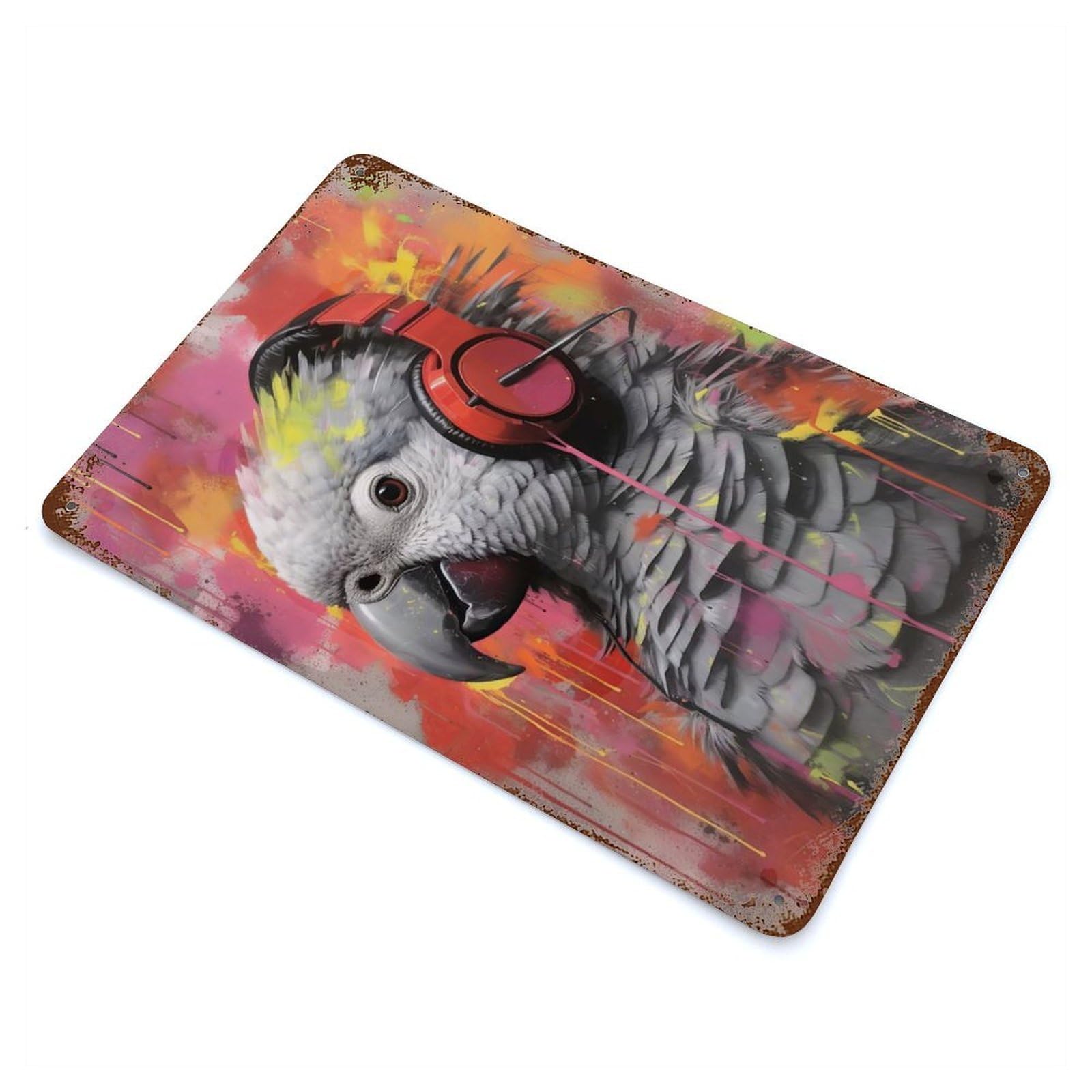 Parrot with Headphones 11.8"x7.9" Aged Metal Wall Plaque, Novelty Wall Decor for Garage, Bar And Workshop Decor