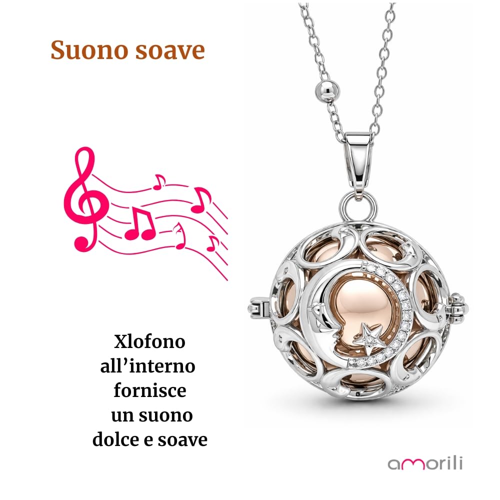 Collana Chiama Angeli Donna Gravidanza Bronzo Placcato Argento – Ciondolo Luna e Stella con Zircone Centrale – Gioiello Premaman Scintillante Luccicante – Idea Regalo Dolce Attesa - cll0996