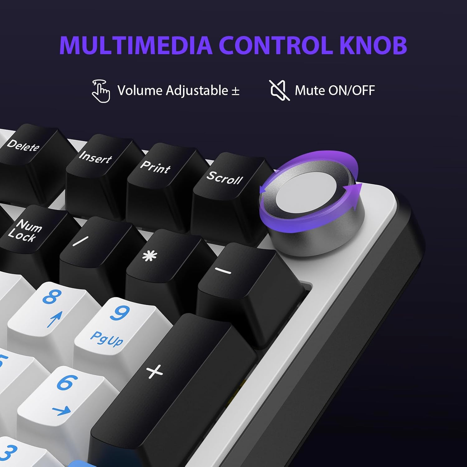 Close-up of the multimedia control knob on the keyboard, highlighting its functions.