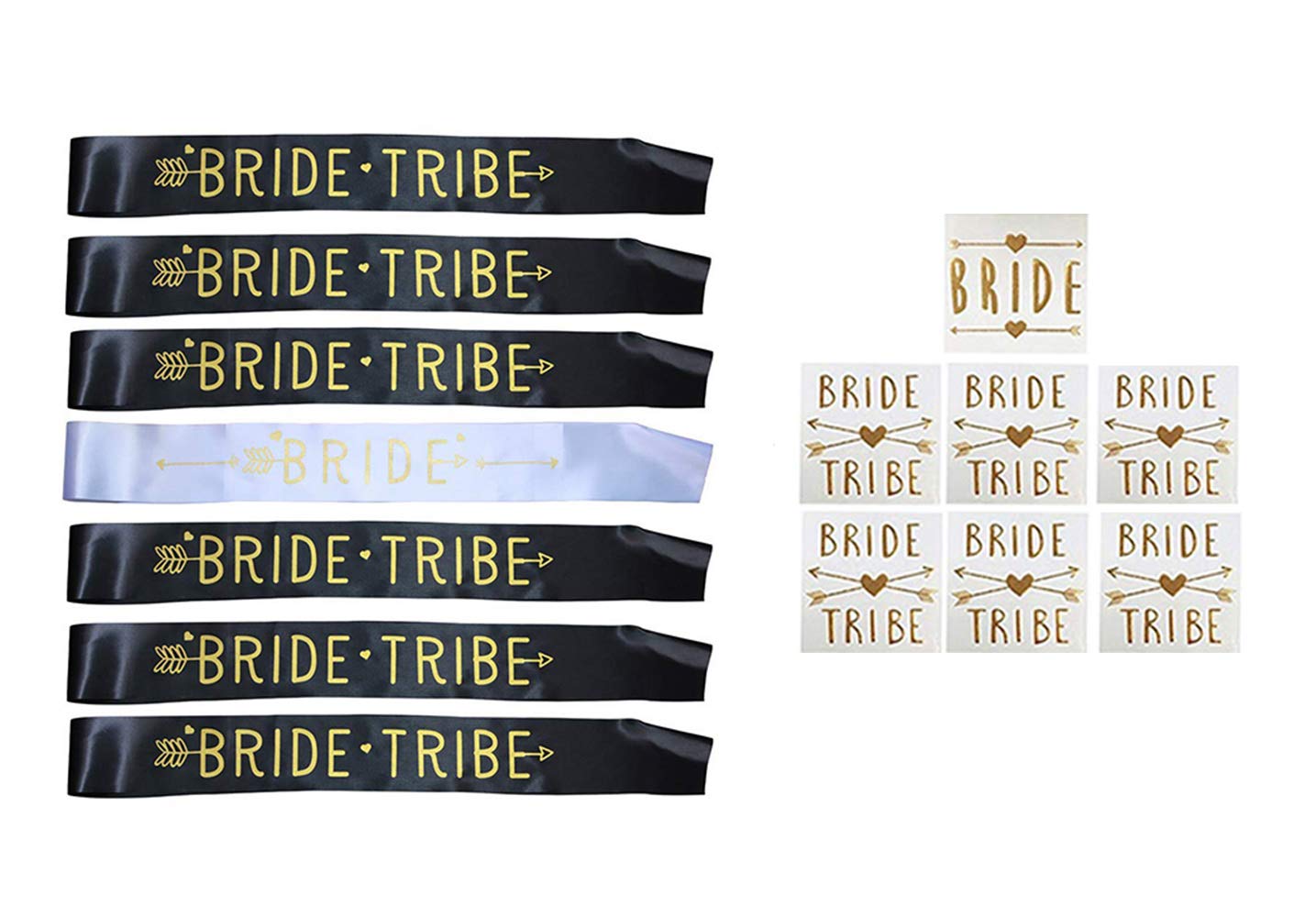 Ucity 14 Pack Bride Tribe Sashes and Bachelorette Party Flash Tattoos - 1 Pack Bride White Sash, 6 Pack Bride Tribe Black Sashes, and 7 Pack Bride and Bride Tribe Temporary Gold Tattoos
