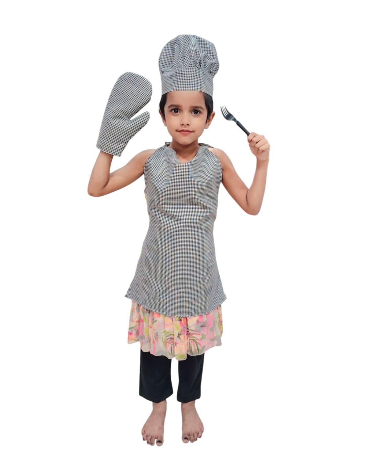 BookMyCostume Chef Dress for Baby Boy Girl Apron Set with Chef Cap & Mitten Grey Check | Cooking Apron for Kids | Unisex Apron Costumes for Kitchen, Baking, Housework & Role Play Costume | Adults