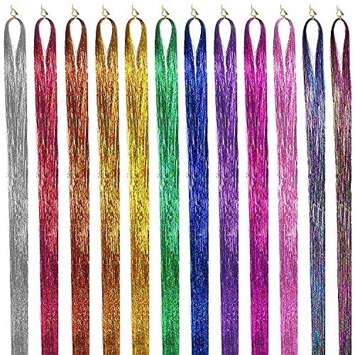 Aimoerfan Hair Tinsel, Sparkling Hair Tinsel Extensions, Hair Glitter Strands, Hair Tinsel kit, 47 Inches 12 Colors 2000 Strands