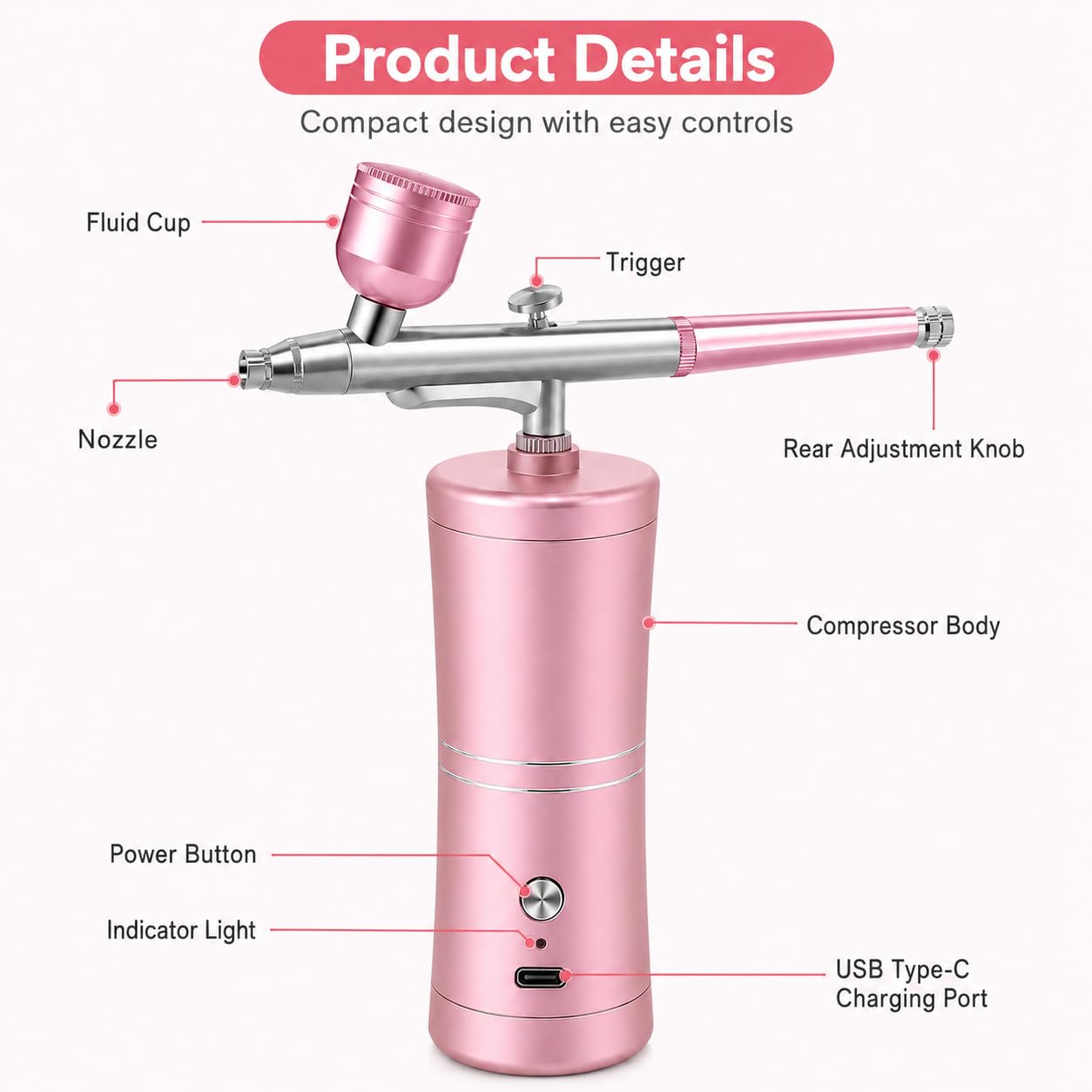 Kit Aerografo con Compressore, Professionale Aerografo Unghie, Aerografos per Modellismo, Pittura Artistica, Decorazione di Torte, Trucco, Idratazione di Bellezza (Rosa)