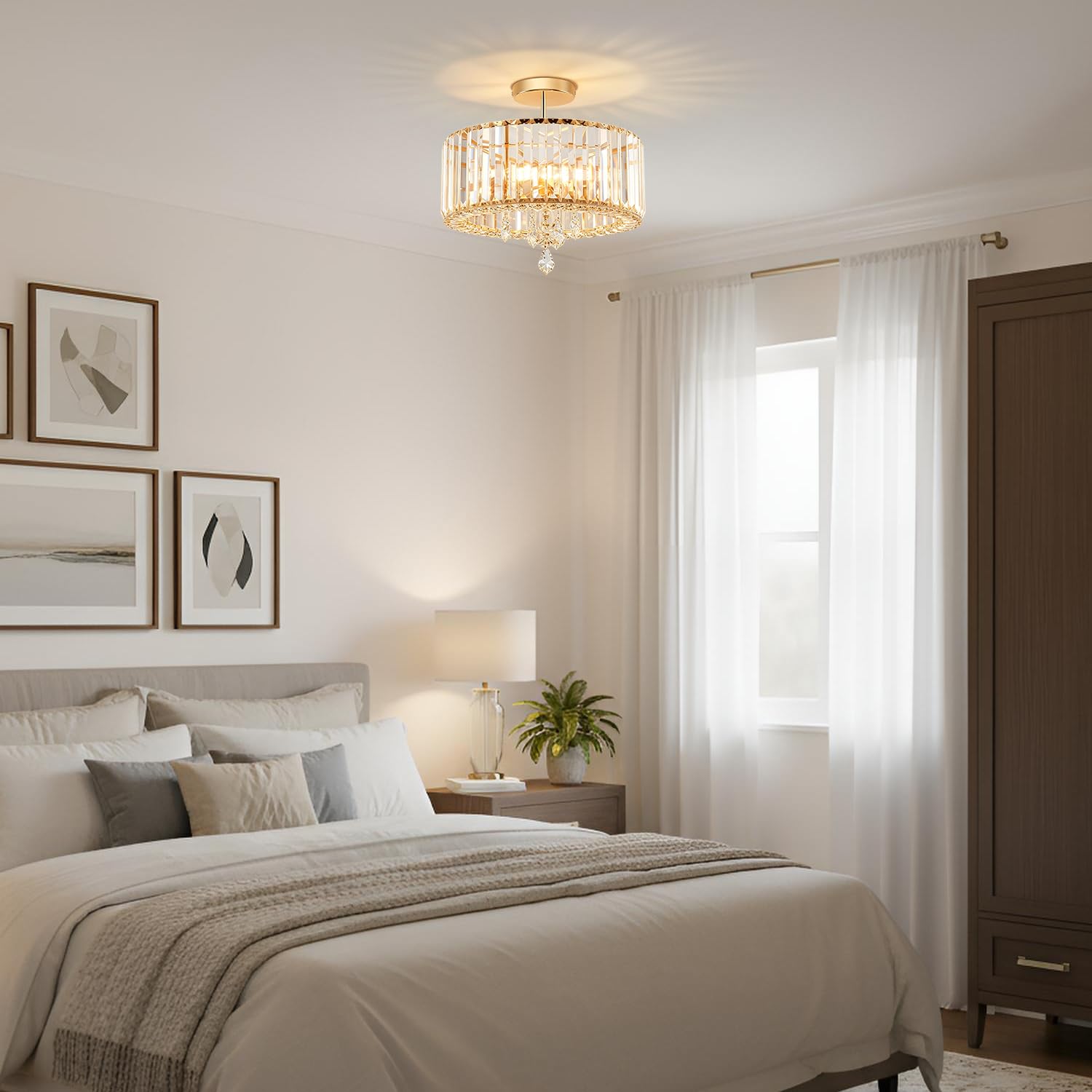 ANWIO Lampada da Soffitto Cristallo Oro, Plafoniera a Soffitto con Moderno 3 Luci, Lampadari Cristallo E27, Lampadario Soggiorno con Paralume in Vetro Per Camere da Letto, 36.5 CM(Senza Lampadine) way