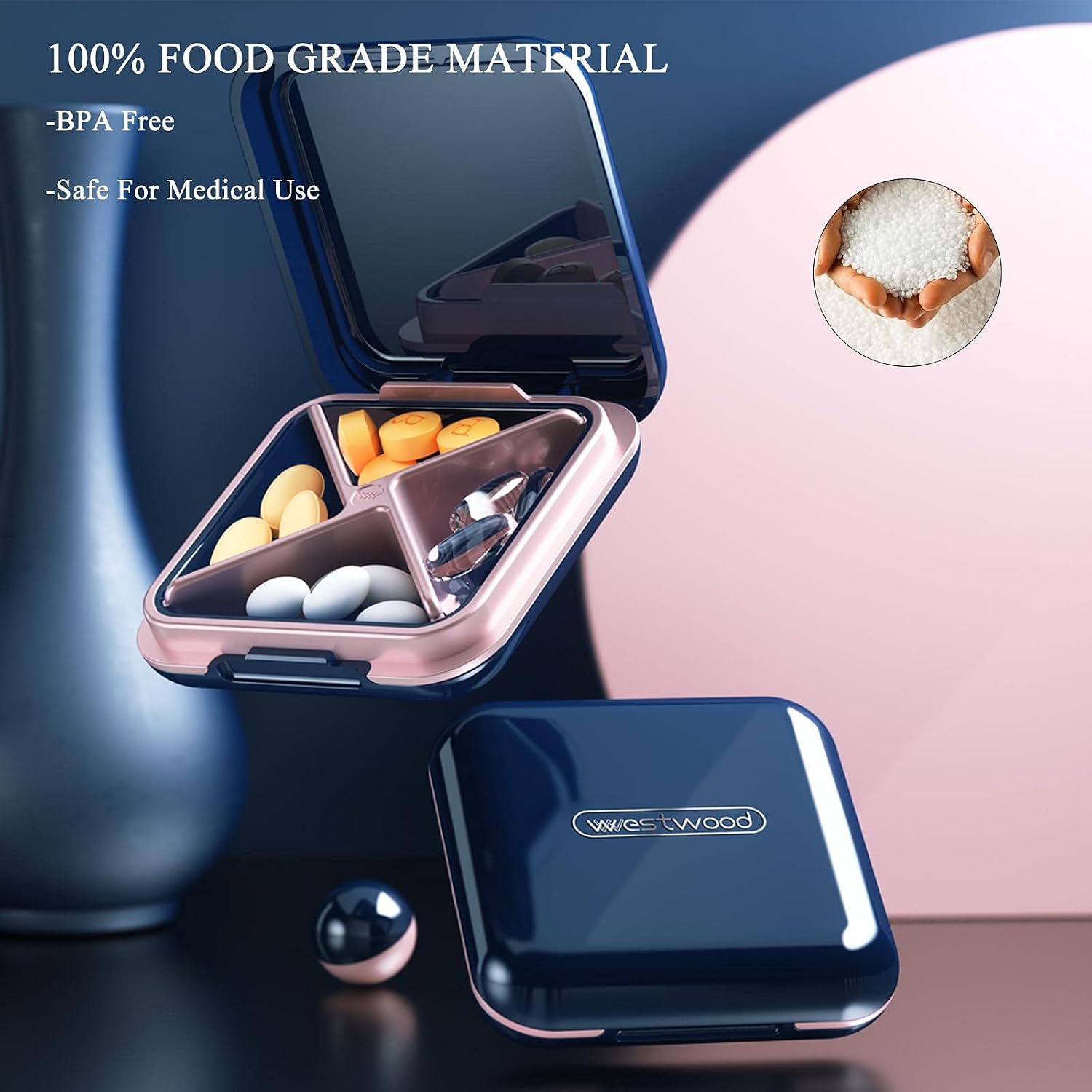 Small Pill Case, SOFISO Portable Daily Pill Box Organizer - Waterproof Pretty Cute Pill Container for Purse Pocket, Compact Travel Medicine Holder for Vitamins, Fish Oils, Supplements, Blue