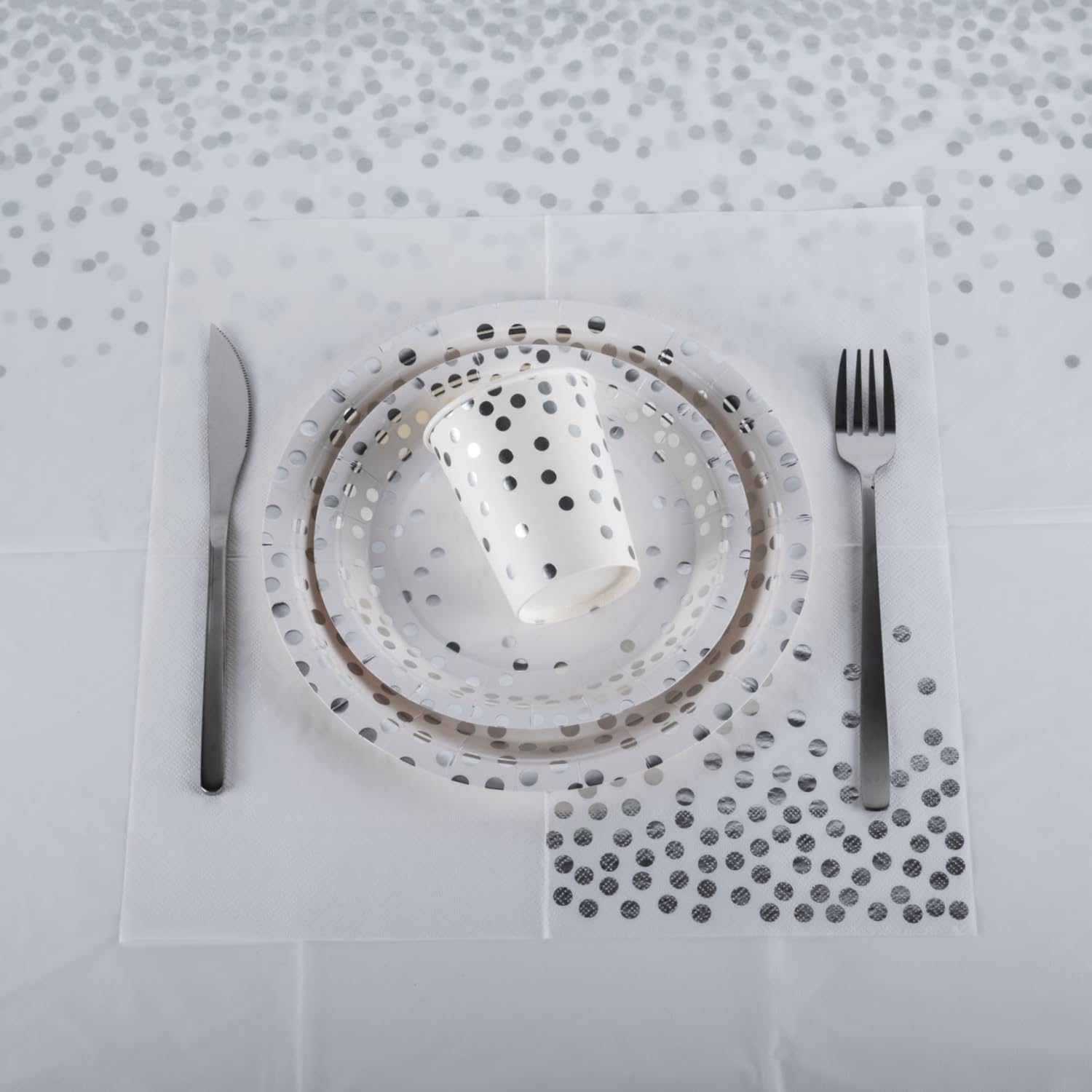 CEILIWEN 50 Pack 9 Inch (23cm) Paper Plates, White & Silver Polka Dot Design for Wedding Anniversaries, Christmas and Events - Image 3