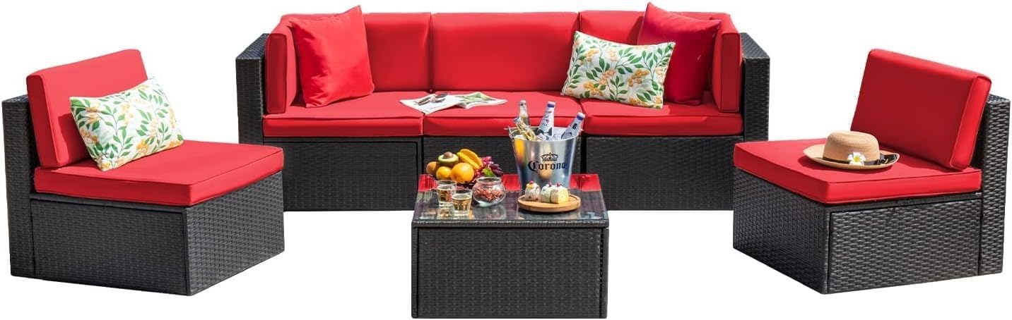 6-Piece Outdoor Patio Furniture Set with Manual Weaving Rattan Sectional Sofa, Glass Coffee Table, Cushions Included, Wicker Patio Conversation Set for Garden, Backyard, Porch Lounge Areas(Blue)