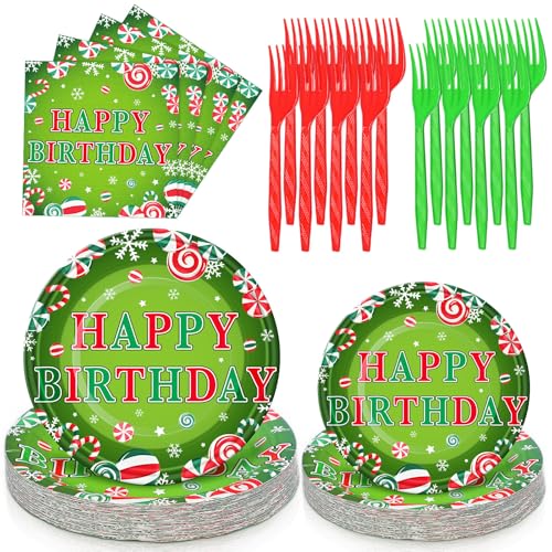 Havawish 96 Pcs Red and Green Christmas Birthday Plates and Napkins Set Christmas Candy Tableware Set Red and Green Happy Birthday Plates and Napkins with Forks for Xmas Candy Party Supplies